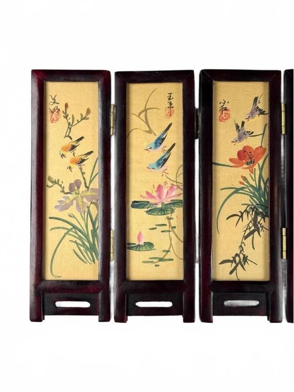 Vintage Mini Folding Screen Two-Sided China Silk Painting Birds Flowers Mountain - Picture 5 of 14
